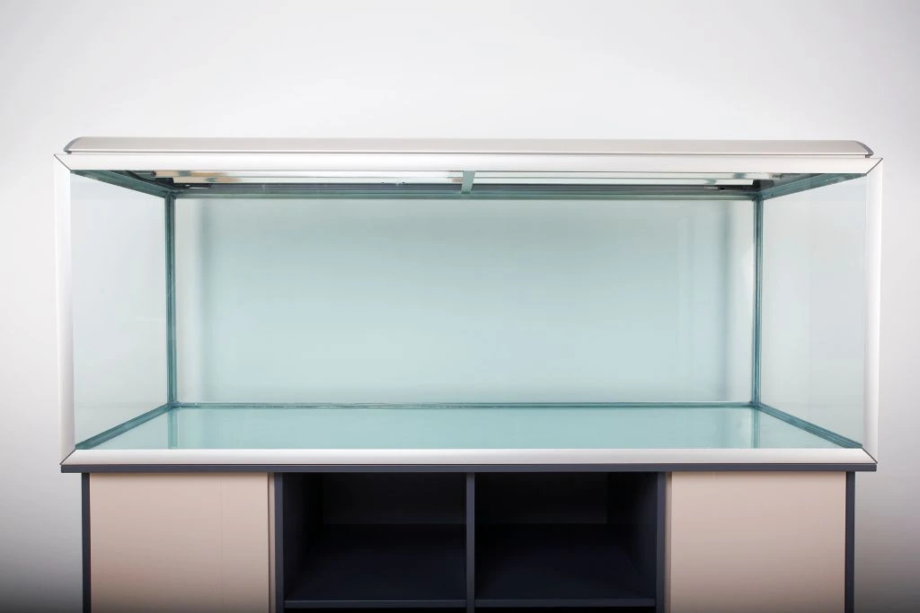 An empty aquarium tank on a table
