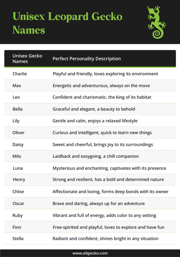 graphic design table stating different unisex names for Gecko pet