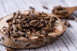 crickets on chopping board